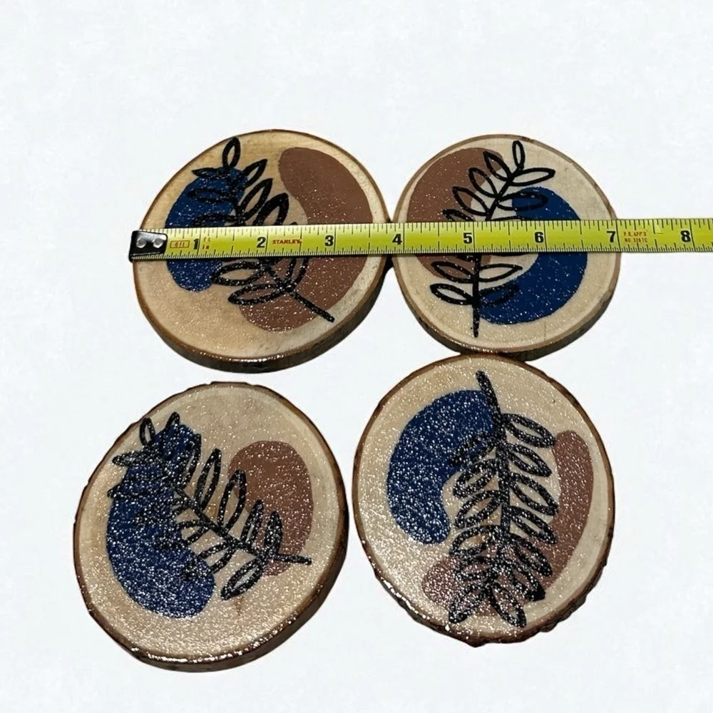 4 Handmade Coasters Brown and Blue with Flowers